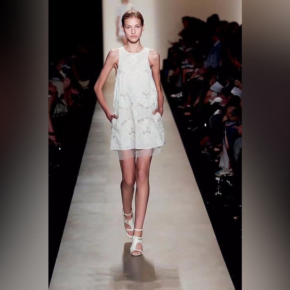 BCBGMaxAzria Runway Simona Silk Linen Eyelet Lace Mini Dress Romantic Angelcore - Picture 2 of 10